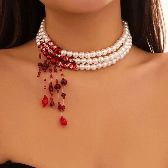 🩸 Goth Vampire Halloween Costume Dripping Blood Pearl Choker Necklace NEW - Picture 4 of 11